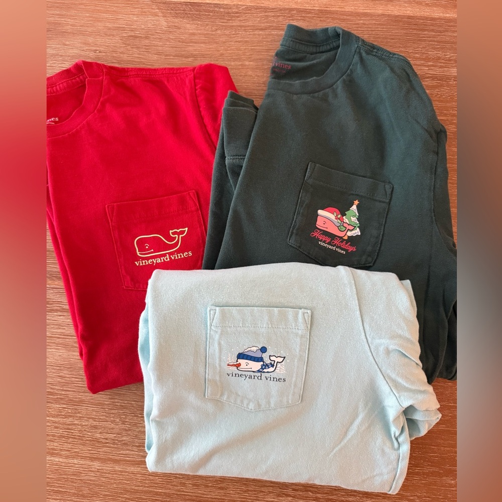 Lot of 3 Vineyard Vines Kids' Long Sleeve Tees - Red, Green, Light Blue